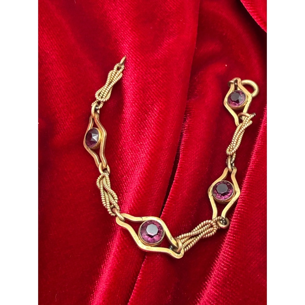Vintage Sturdy 1/20 12K Gold Filled Amethyst Glass Link Bracelet Twisted Rope